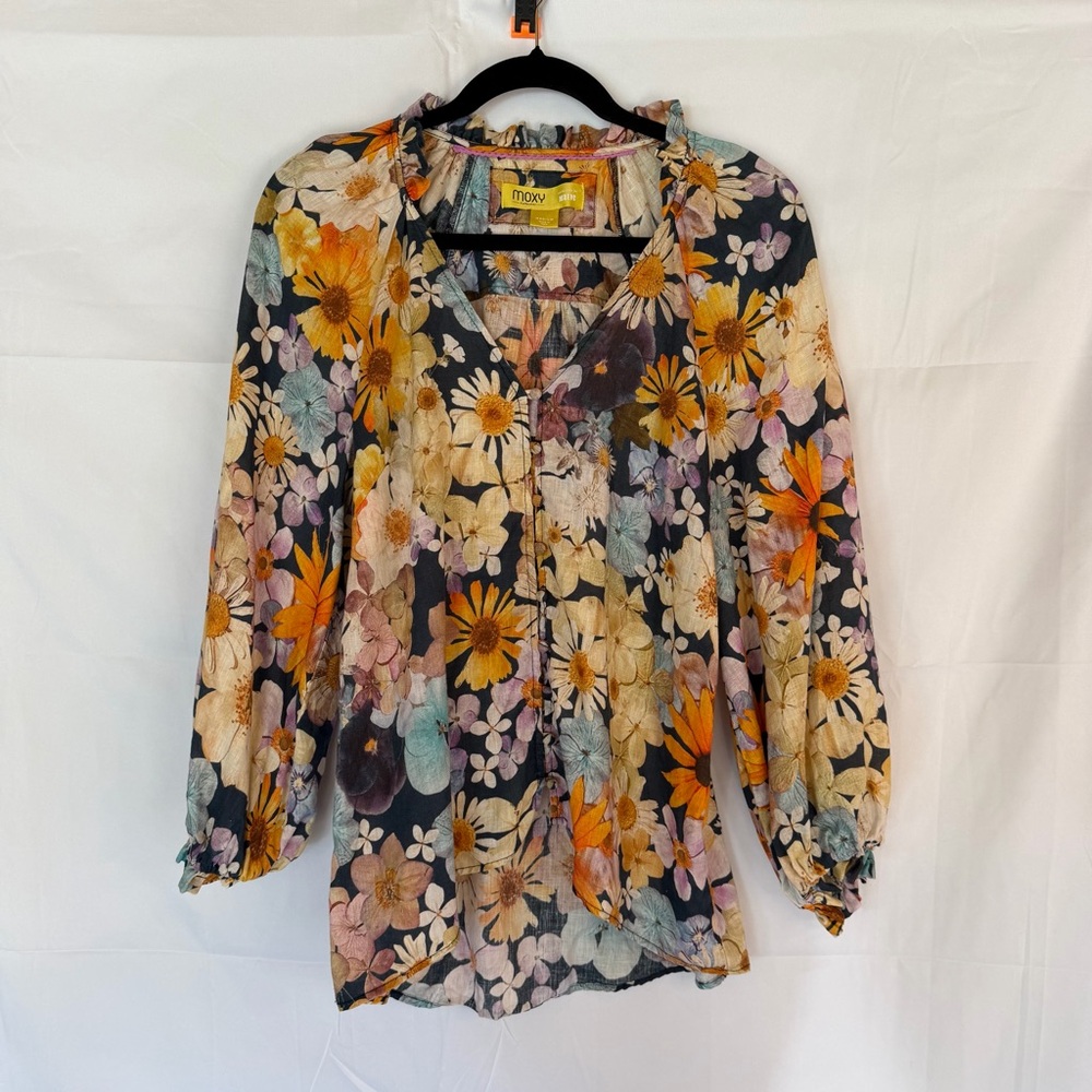 Maeve Anthropologie Floral Balloon Sleeve Lightweight Linen Button Up Top Med
